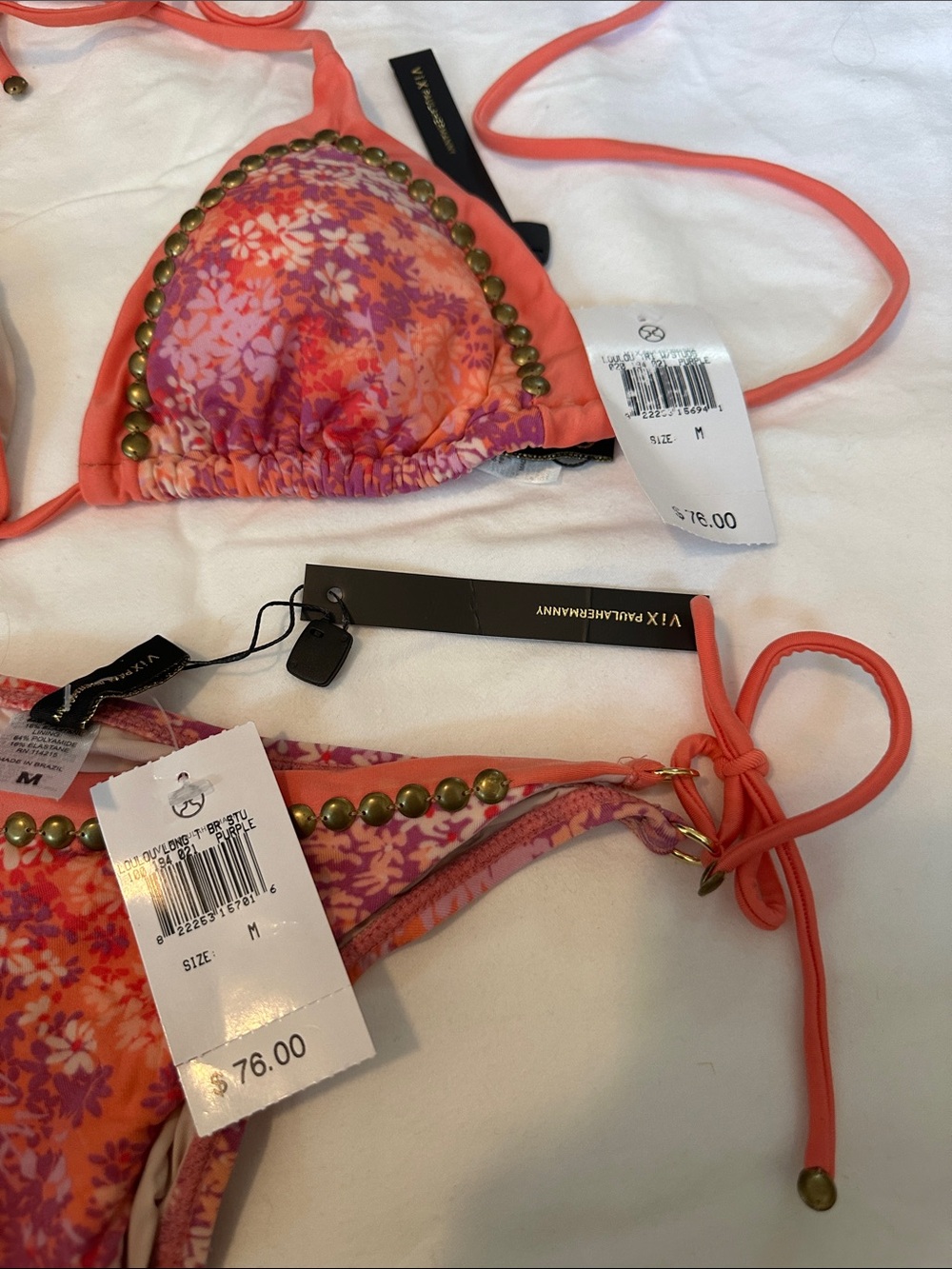 Vix Coral Pink & Purple Floral Studded Triangle Bikini - Picture 2 of 4
